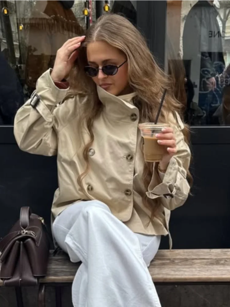 Stand Up Collar Trench Coat Belt Lace Up Double Breasted Short Jacket Retro Waist Cinched Silhouette Slimming Windbreaker Top