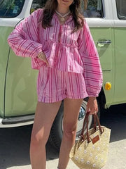 Fashion Sets for Women Vintage Casual Streetwear 2 Piece Set Striped Loose Lace Up Lantern Sleeve 2024 New Spring Summer Sets