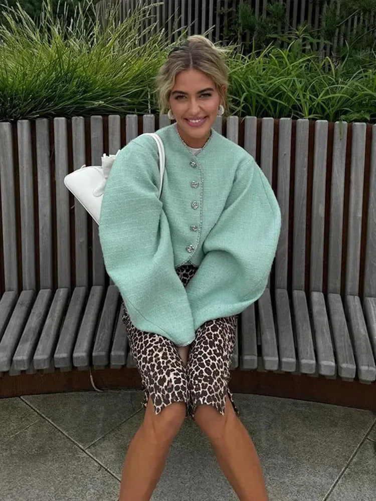 Fashion Oversize O-neck Solid Cropped Coat Women Single Breasted Long Sleeves Casual Jacket Autumn Lady Street Commute Outerwear