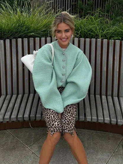 Fashion Oversize O-neck Solid Cropped Coat Women Single Breasted Long Sleeves Casual Jacket Autumn Lady Street Commute Outerwear