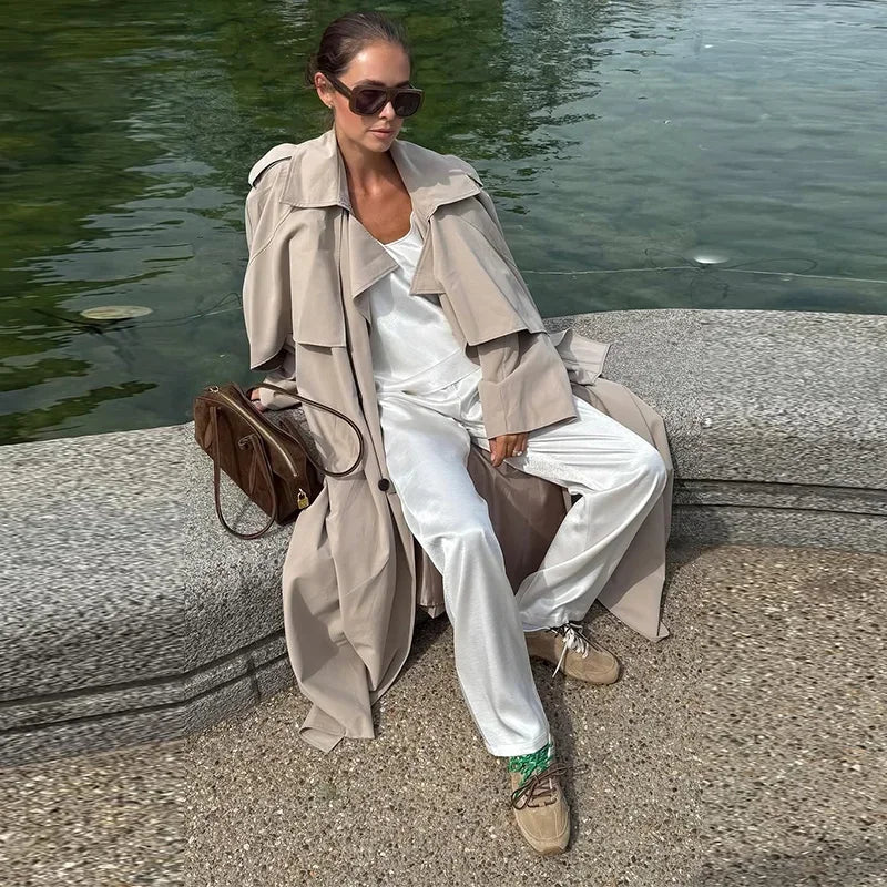 Casual Women's Trench Coat Lace Up Turn-Down Collar Solid Lady Long Jackets 2025 Autumn Winter Female Street Outwear New