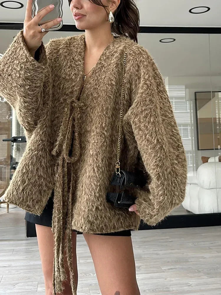 Fashion Women Lace Up Mohair Cardigan Elegant Women's V Neck Long Sleeves Short Coats Autumn Lady Commuting Warm Knit Outwears