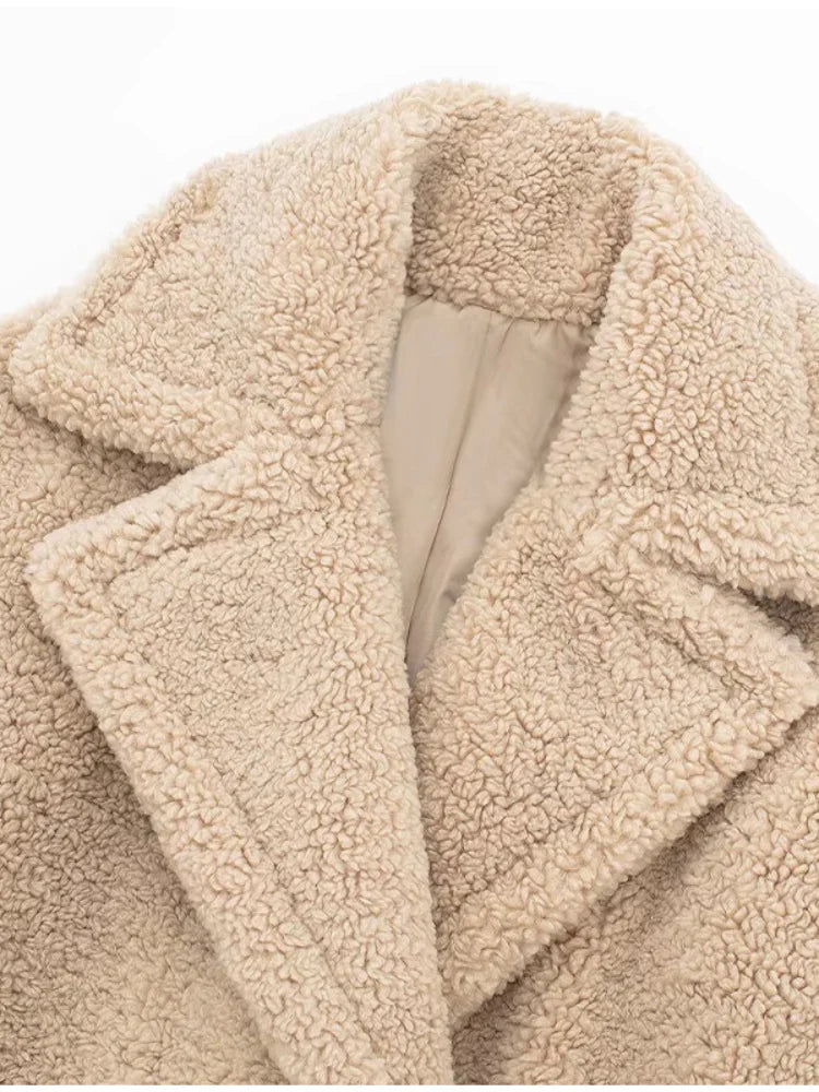 Thicken Warm Outwear Women Furry Double Breasted Loose Turn-down Collar Casual Long Coat Female Winter Chic Jackets