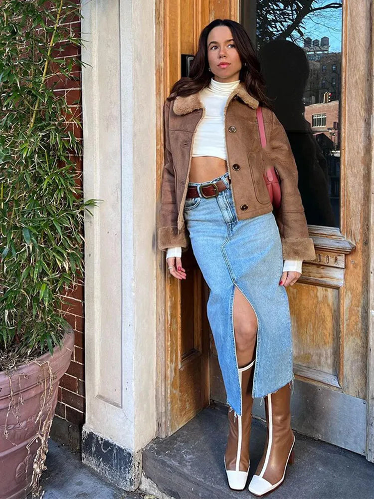 Solid Color Elegant Thicken Lapel Short Jacket Winter New Woman Single Breasted With Pockets Coat High Street Outerwear