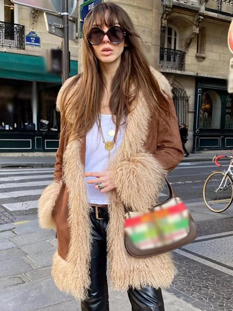 Vintage Furry Faux Fur Women Patchwork Coats Winter Long Sleeve Lapel Female Loose Jacket Casual Pockets Thick Warm Lady Outwear