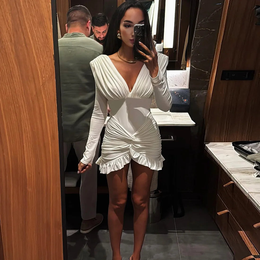 Autumn Cross Ruffle Trim Mini Dress Simple Solid V-neck Ruched Full Sleeve Body-shaping Frock Female Classic Street Vestido