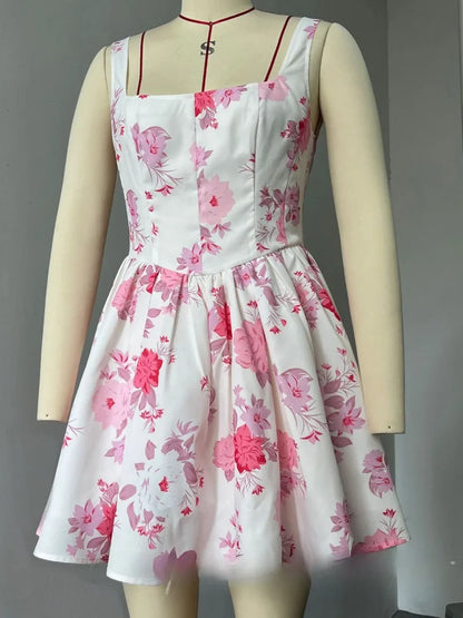 Woman Clothing Sexy Slash Neck Floral Printed Birthday Party Dress Sleeveless High Waist A-line White Short Holiday Dresses 2024