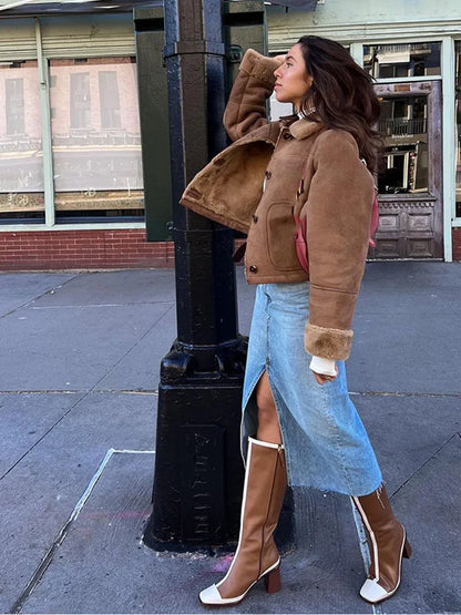 Solid Color Elegant Thicken Lapel Short Jacket Winter New Woman Single Breasted With Pockets Coat High Street Outerwear