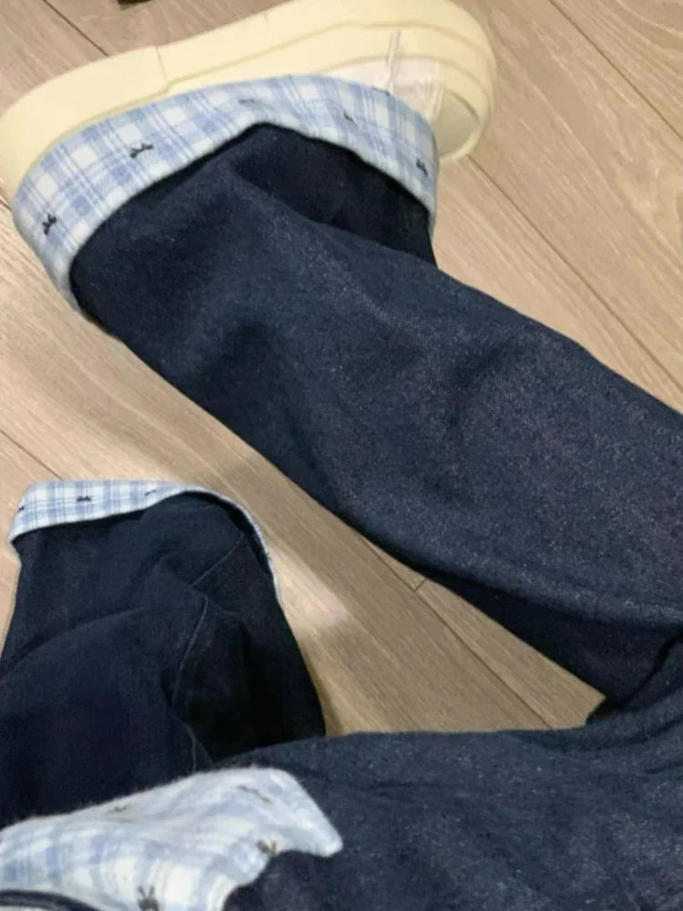 Y2k Embroidery Baggy Jeans Women Vintage Plaid Patchwork Denim Trousers Harajuku Korean Sweet Oversized Jeans Cutecore