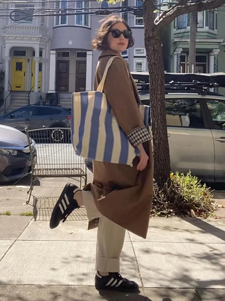 Woman Casual Long Trench Coats Khaki Plaid Lined Lapel Single Breasted Jacket With Pocket 2024 Autumn Chic Lady Commute Outwear