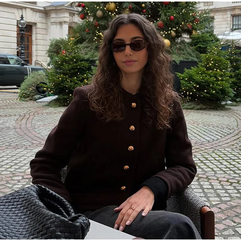 Elegant Solid O-neck Plush Short Coats Women Retro Slim Fit Single Breasted Jackets Female New Spring Chic Office Outwear