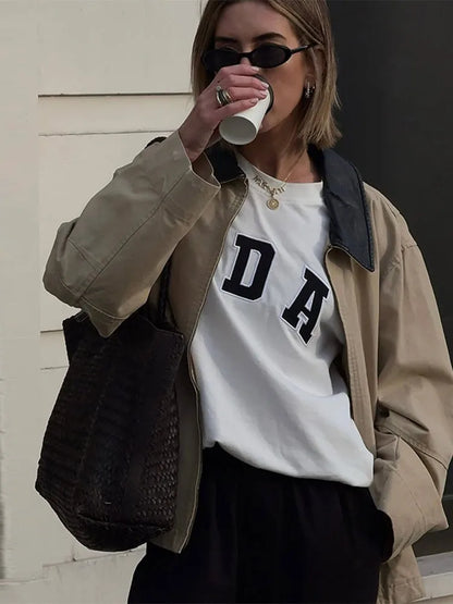 Leather Collar Cargo Jacket Coat Color Patchwork Lapel Button Zipper Pocket Workwear Outwear Loose Casual Minimalist Outwear Top