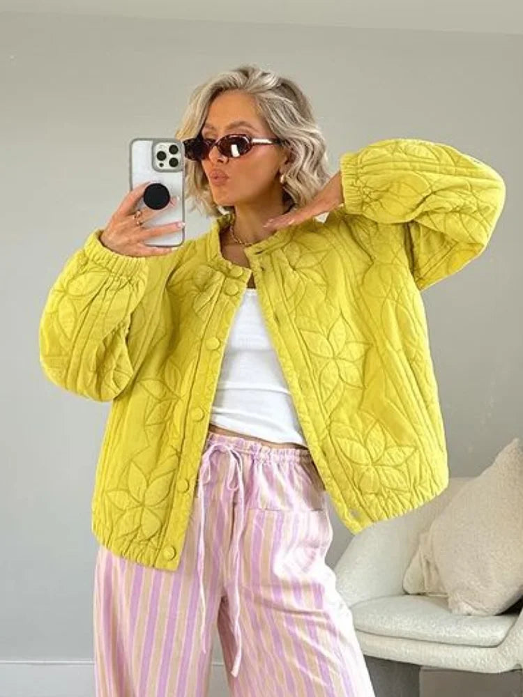 Autumn Winter Single Breasted Pocket Female Jacket Fashion Maple Leaf Women Padded Coat Chic New Lady Outerwear High Street