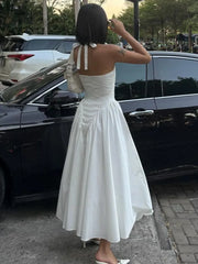 Fashion Casual Woman Halter Neck White Long Dress Streetwear 2024 Female Clothing Backless Bandage Tunics Holiday Party Dresses