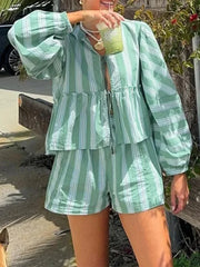 Fashion Sets for Women Vintage Casual Streetwear 2 Piece Set Striped Loose Lace Up Lantern Sleeve 2024 New Spring Summer Sets