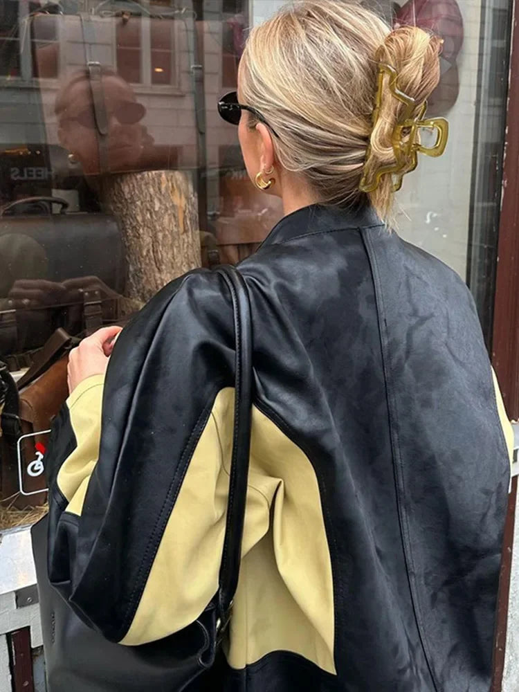 Vintage Patchwork Women's Leather Jacket Loose O-neck Long Sleeve Zipper Moto Biker Coats Autumn Lady Contrast Outwear Y2K