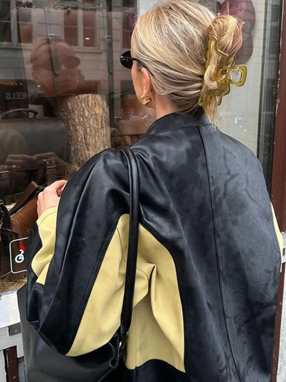 Vintage Patchwork Women's Leather Jacket Loose O-neck Long Sleeve Zipper Moto Biker Coats Autumn Lady Contrast Outwear Y2K