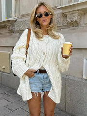 Beige Twist Knitted Cardigan Sweater Buttons Autumn Winter Women Loose Casual Long Cardigans Fashion New Female Sueter Mujer