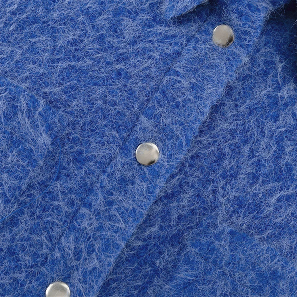 Autumn Winter Blue Short Woolen Jacket for Women Lapel Long Sleeve Button Up Warm Coat Female Casual Streetwear Tops