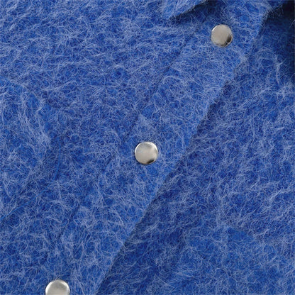 Autumn Winter Blue Short Woolen Jacket for Women Lapel Long Sleeve Button Up Warm Coat Female Casual Streetwear Tops