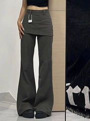 Harajuku Patchwork Women Flared Pants Vintage High Waist American Style Fake Two Piece Trousers Y2k Baggy Solid Gyaru