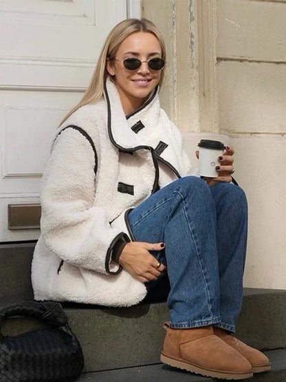 Plush Stand Collar Jackets Coat Women Vintage Lambwool White Single-Breasted Pockets Jacket Female Autumn High Street Outwear