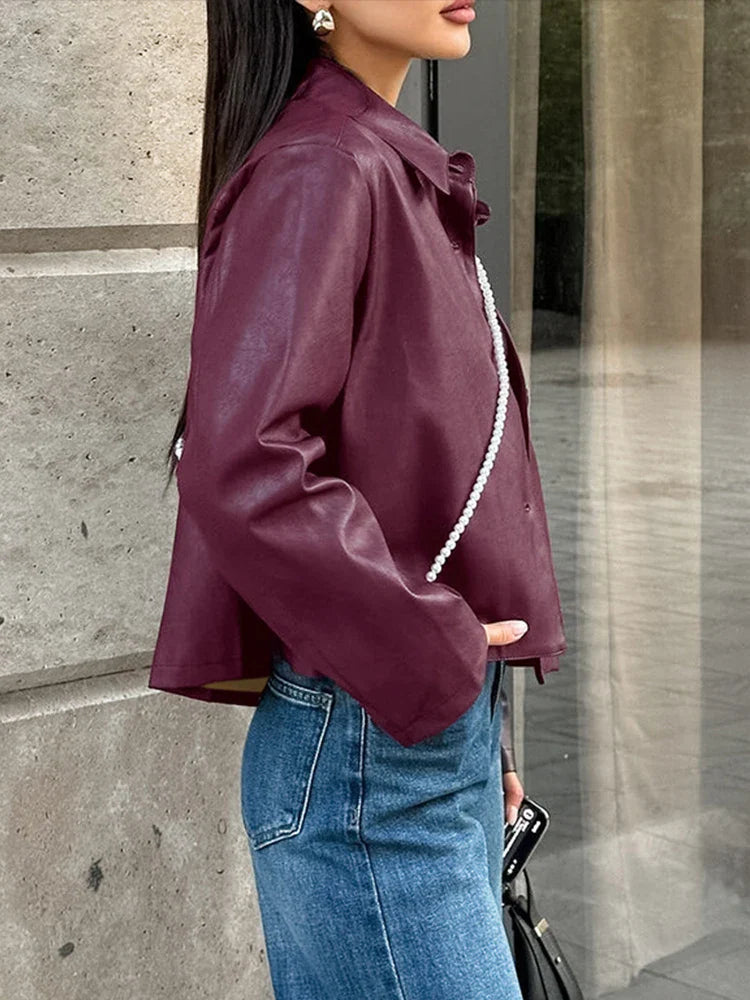 Burgundy Faux Leather Jackets Women Moto Biker Lapel Zipper Long Sleeve Female Coats 2025 Spring Casual Lady Street Outwear