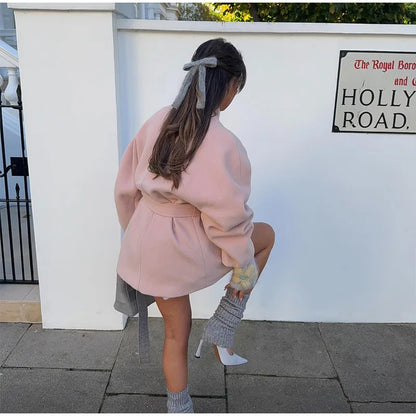 Women Sweet Pink V-neck Woolen Jacket Fashion Belt Lace Up Loose Full Sleeved Outerwear Autumn Winter Lady High Street Overcoat