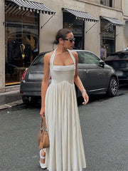 Elegant Solid Square Neck Women Halter Maxi Dress Fashion Backless Pleated Hem A-line Dresses 2024 Summer Lady Chic Party Robes