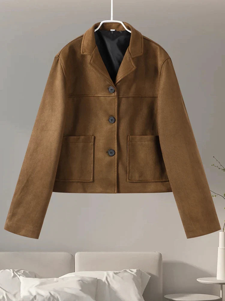 Retro Suede Female Blazer Jacket Chic Lapel Single Breasted Long Sleeve Lady Short Coat Autumn Winter Pockets Lady Outwear