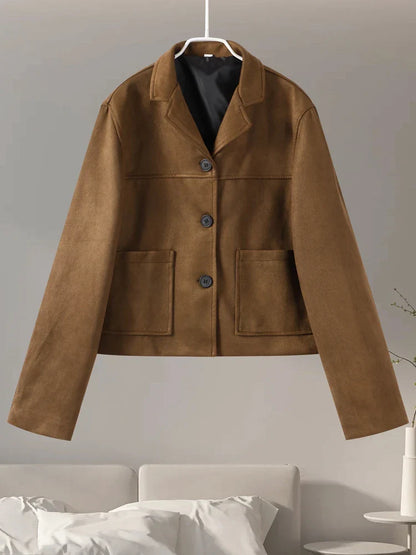 Retro Suede Female Blazer Jacket Chic Lapel Single Breasted Long Sleeve Lady Short Coat Autumn Winter Pockets Lady Outwear