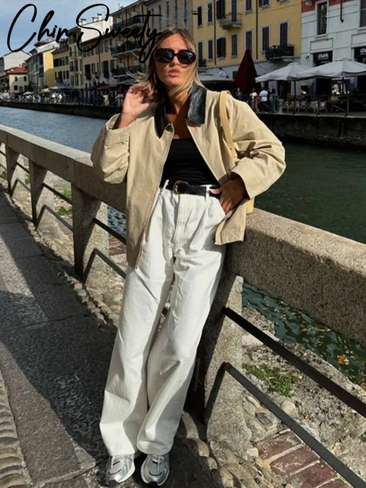 Casual Contrast Women Jacket Full Sleeve Zipper Pocket Female Patchwork Coat Vintage Urban Autumn Lady Outwear