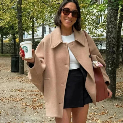 Diagonal Breasted Warm Loose Jacket Women Lapel Double Pocket Batwing Sleeve Solid Coats Winter Female Chic Vintage Outwear