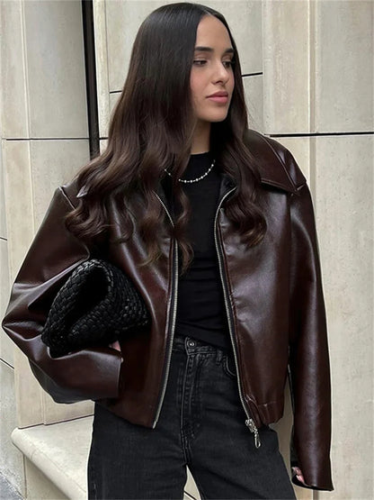 High Street Loose Female PU Coat Casual Zipper Slim High Waist Long Sleeve Patchwork Fashion Clothes Women Autumn Outwear