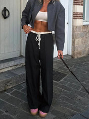 Spring Streetwear Patckwork Black Women Pants High Waist Elastic Wide Leg Long Pants Fashion 2024 Summer Bow Tie Trousers