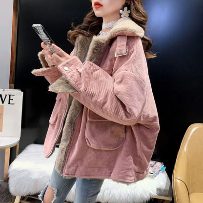 Plush Jacket Color Block Zipper Women'S Cotton Jacket Thickened Winter Warm Solid Color Jacket Long Sleeve Retro Jacket