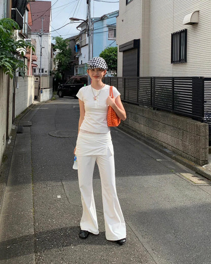 Women Lace Patch Strap Bootcut Pants white