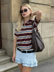 Striped Contrast Short Sleeve T-shirt Women Buttons Turndown Collar Tee Shirt Spring New Streetwear Vintage Chic Top Tees 2025