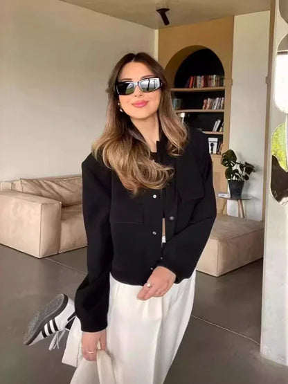 Basic Stand Collar Women Jacket Long Sleeve Cardigan Button Up Cropped Coat Baseball Outerwear Autumn Winter Clothes