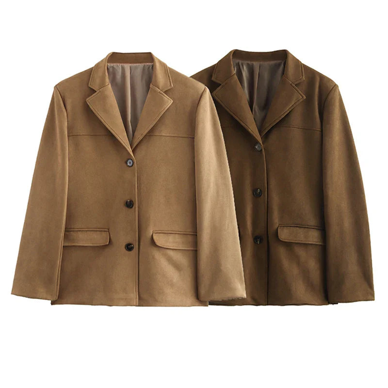 Women Autumn And Winter Suede Single-breasted Blazer Female Chic High Street Fashion Casual Lapel Long Sleeve Coat Mujer