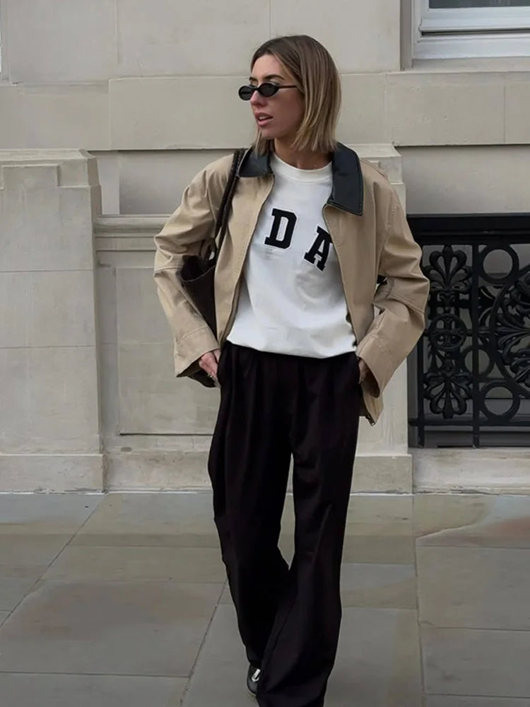 Leather Collar Cargo Jacket Coat Color Patchwork Lapel Button Zipper Pocket Workwear Outwear Loose Casual Minimalist Outwear Top