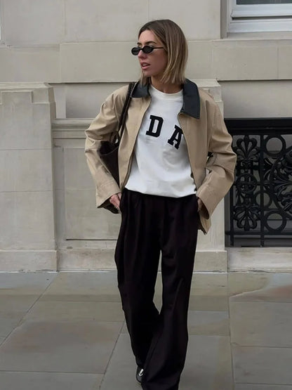 Leather Collar Cargo Jacket Coat Color Patchwork Lapel Button Zipper Pocket Workwear Outwear Loose Casual Minimalist Outwear Top