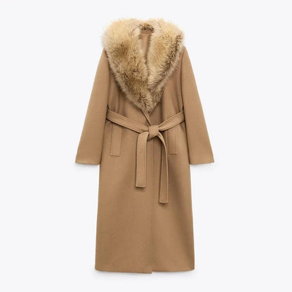 Women Faux Fur Patchwork Collar Woolen Belts Coat Button Up Pocket Casual Thicken Warm Outwear Female Winter Chic Jacket