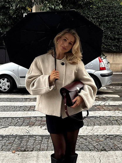 Chic One Button O-neck Woolen Coats For Women Fashion Long Sleeve Cropped Oversized Jackets Lady High Street Outerwear New