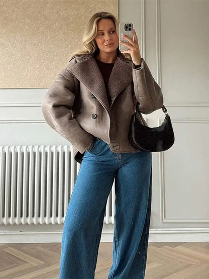 Elegant Lapel Women's Lamb Wool Splicing Suede Jacket Fashion Single Breasted Long Sleeve Thicken Warm Coat Lady Streetwear