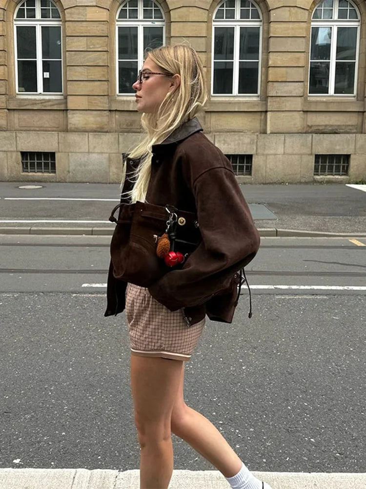 Fashion Lady Lapel Collar Pocket Woolen Short Coats Vintage Long Sleeve Solid Loose Women's Jackets Warm Winter Streetwear