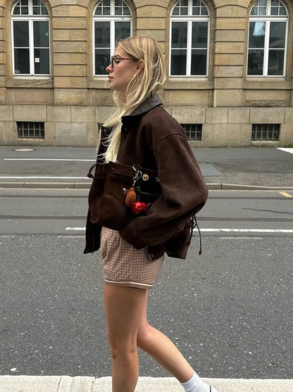 Fashion Lady Lapel Collar Pocket Woolen Short Coats Vintage Long Sleeve Solid Loose Women's Jackets Warm Winter Streetwear