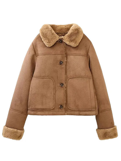 Solid Color Elegant Thicken Lapel Short Jacket Winter New Woman Single Breasted With Pockets Coat High Street Outerwear