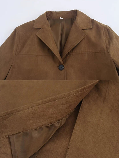 Turn Down Collar Brown Autumn Jacket for Women Casual Single Breasted Long Coat Jacket Female Winter Jacket Back Slit