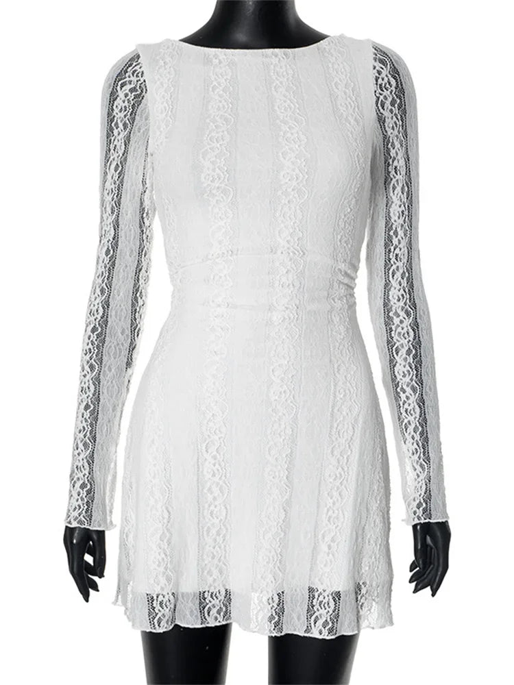 White Lace See-Through Mini Dress For Women Fashion High Waist Patchwork Slim Elegant Party Dress Gown Ladies Solid Dress